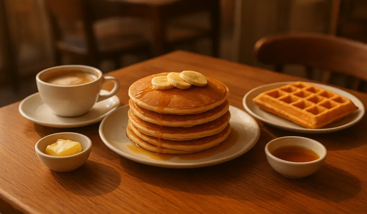 American breakfast culture in Indian café with pancakes and coffee.