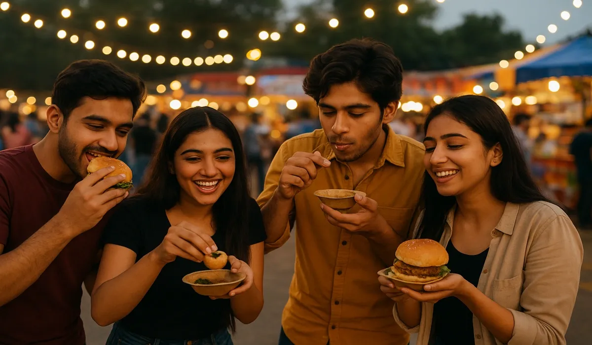 Indian millennials enjoying American fast food vs Indian street food fusion dishes.