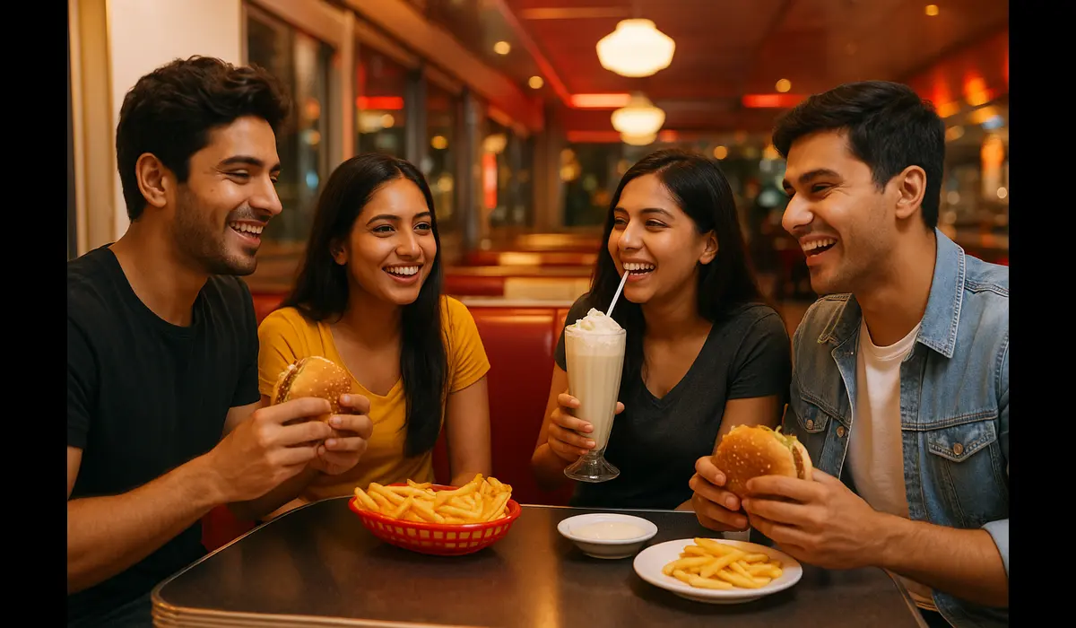 Indian millennials enjoying American food culture at a diner.