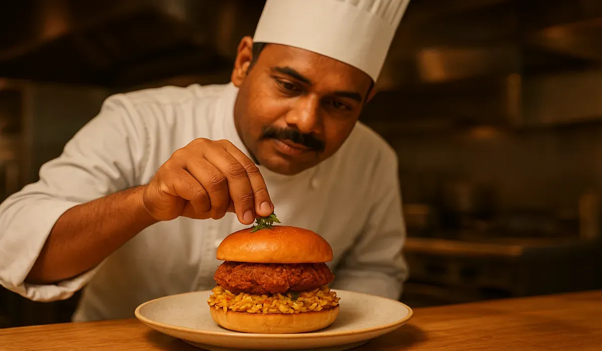 Indian chef presenting a fusion burger showing lessons from American food culture.
