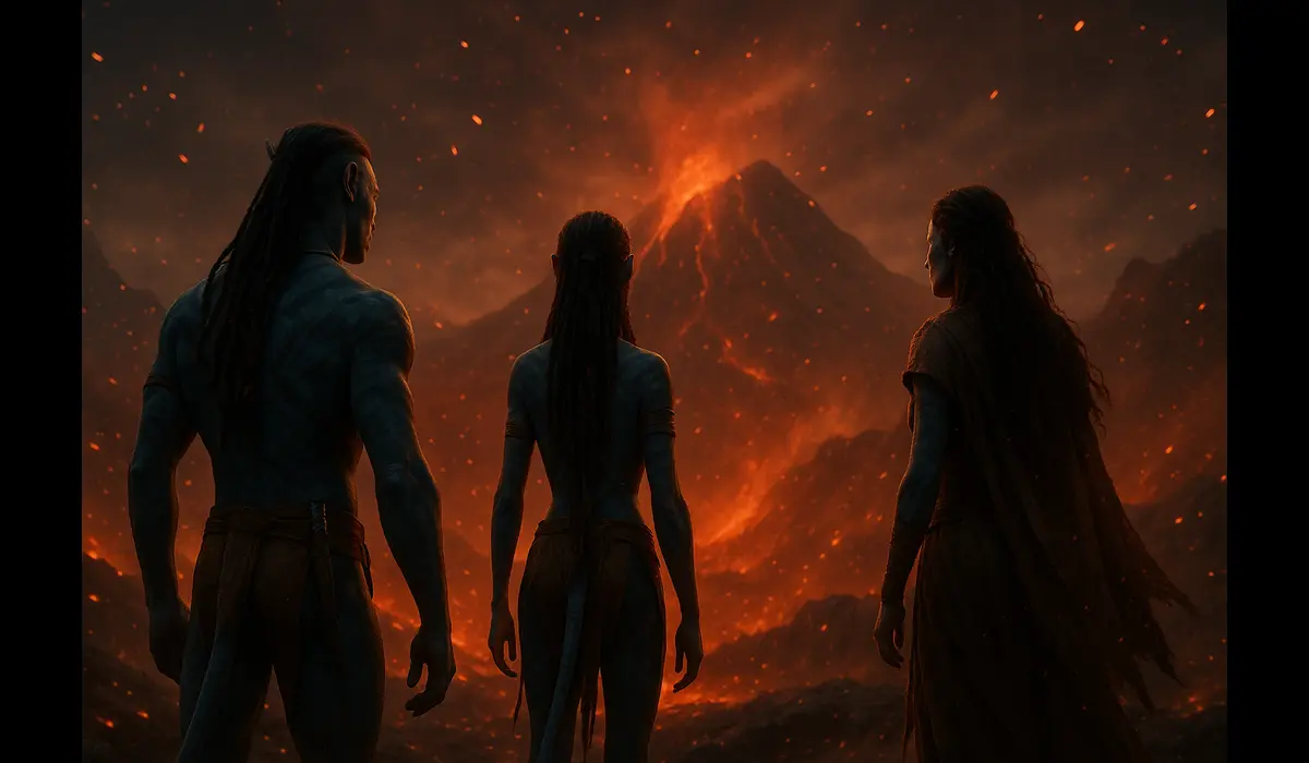 Avatar Fire and Ash trailer breakdown main scene showing Jake, Neytiri, and Varang amid volcanic ash.
