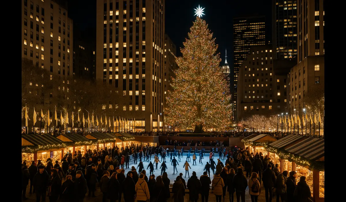 Christmas Events in USA – Rockefeller Center market at night.