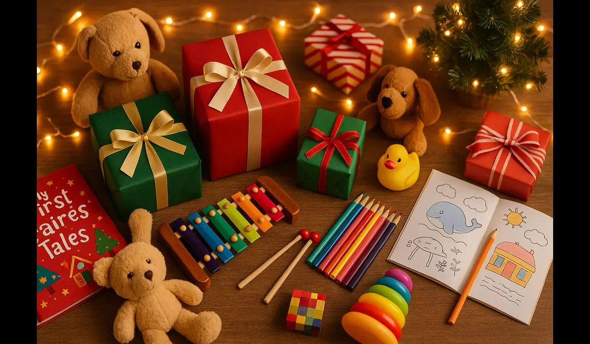 Christmas gift for kids in India — wrapped presents, toys, and festive décor on a cozy table