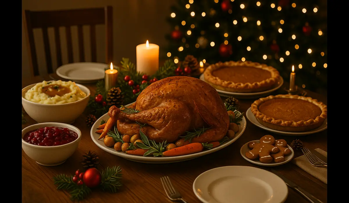 Traditional Christmas dinner featuring roast turkey, mashed potatoes, and cranberry sauce – authentic Christmas food in USA.