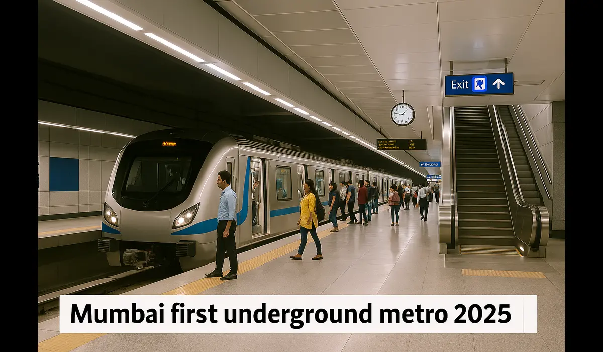 Mumbai first underground metro 2025 platform view with commuters waiting.