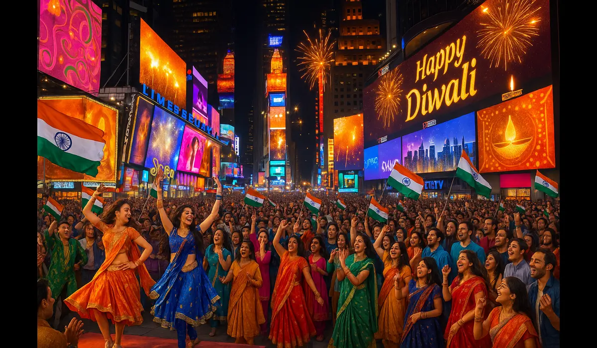Desi festivals in USA celebration in Times Square with Bollywood dancers.