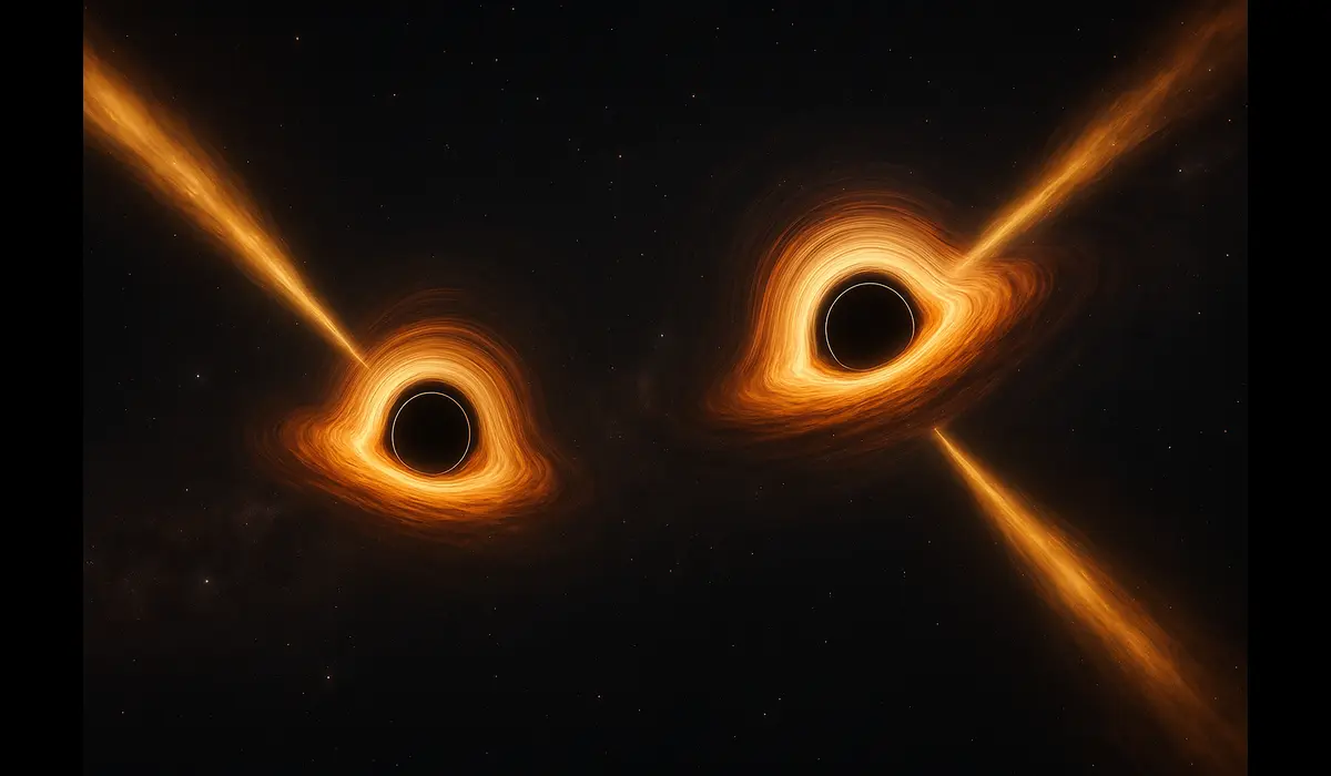 Real photo of two black holes orbiting each other with twin jets and glowing accretion disks, confirming binary black hole sy
