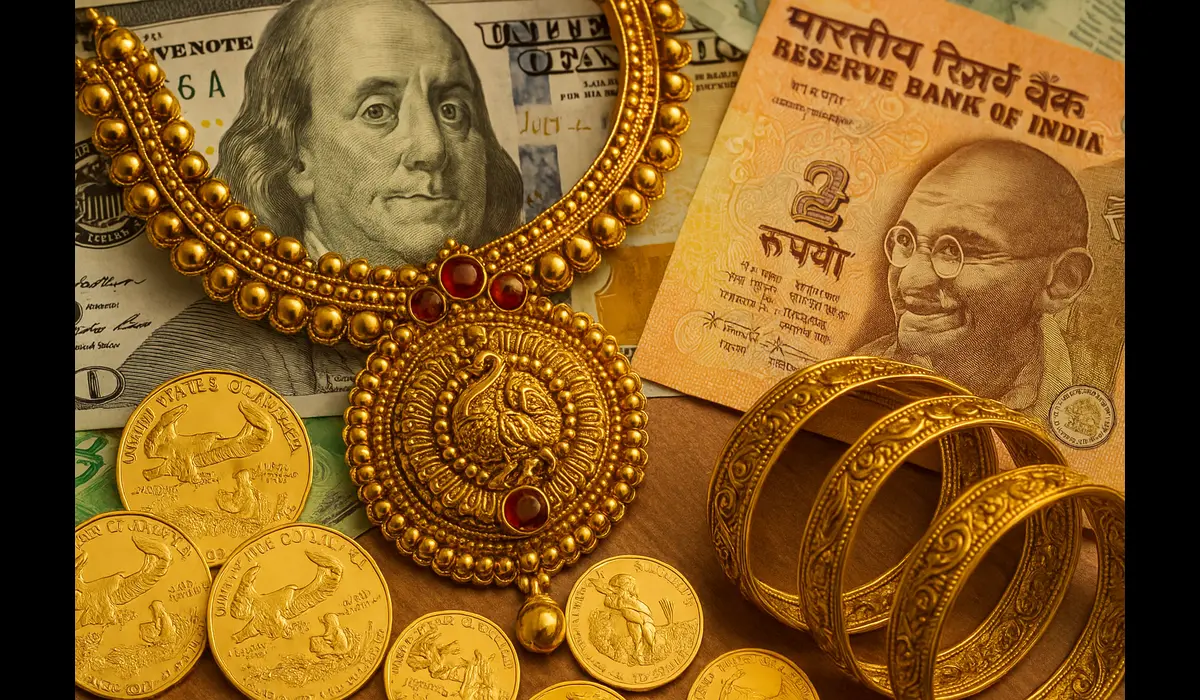 Gold remains evergreen in India showing coins and jewelry beside U.S. dollars and rupees