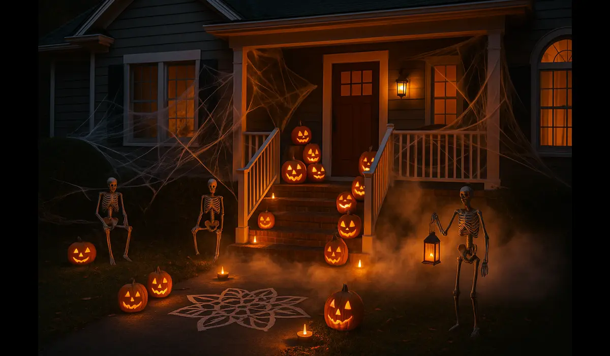 Halloween decorations for your home and yard with pumpkins, lights, and skeletons.