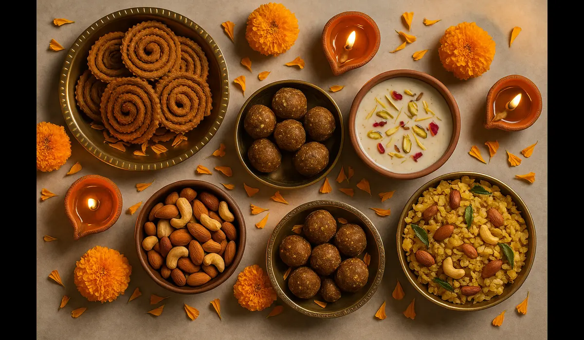 Healthy Diwali food recipes with guilt-free sweets and snacks beautifully arranged.