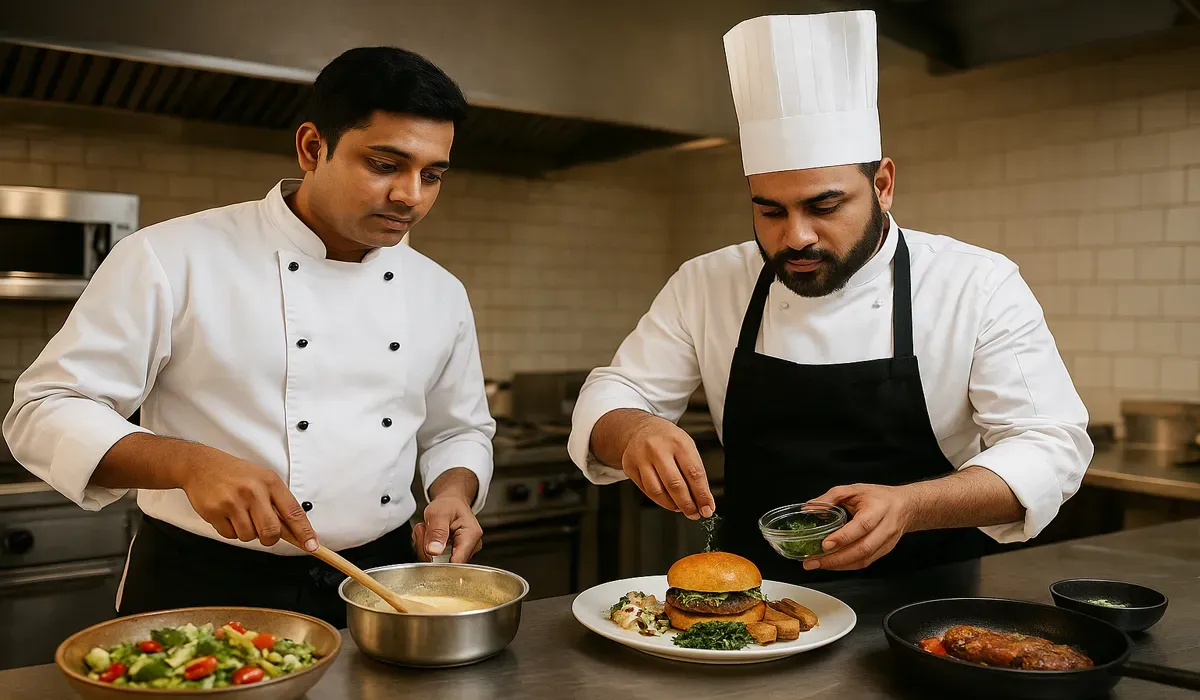Indian chefs learning from American food culture in a modern kitchen.