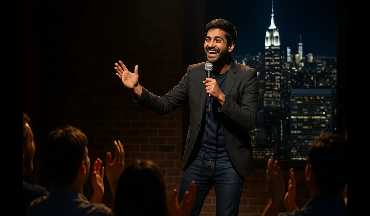 Indian stand-up comedians in USA performing live on stage.