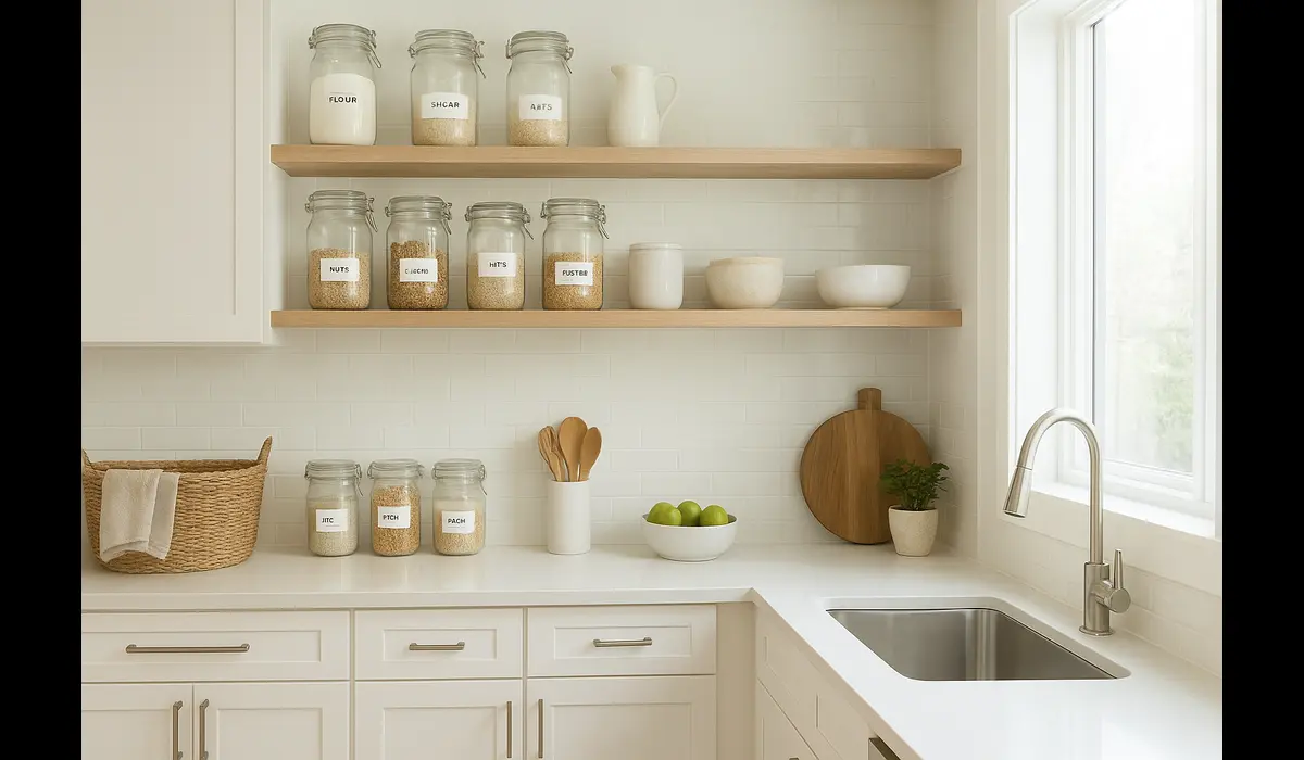 Kitchen organization hacks in a bright modern kitchen.