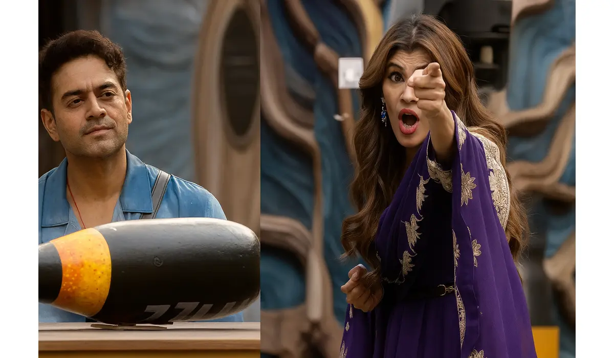 Two reality show contestants in a dramatic confrontation on stage.