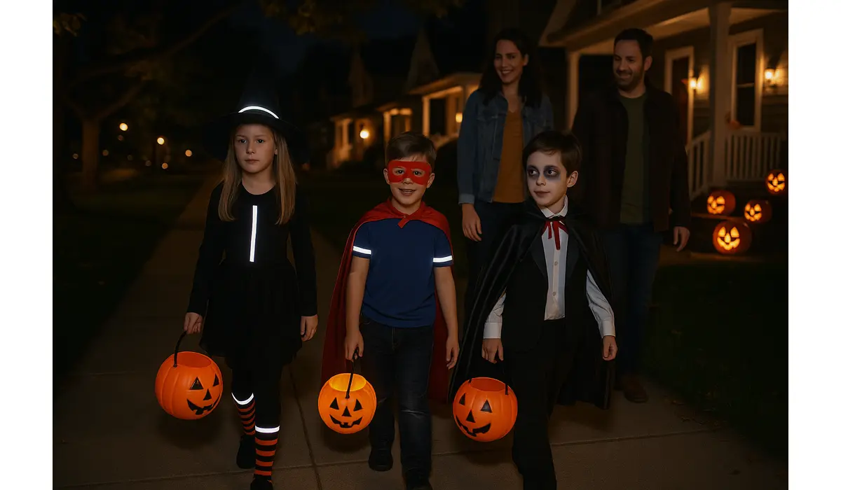 how to safely trick-or-treat in the USA in 2025 with kids and parents walking in costumes