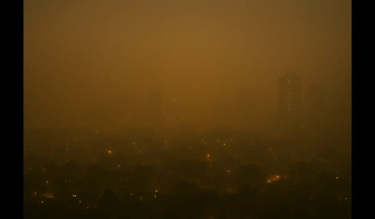 Delhi pollution red zone areas after Diwali night skyline view.