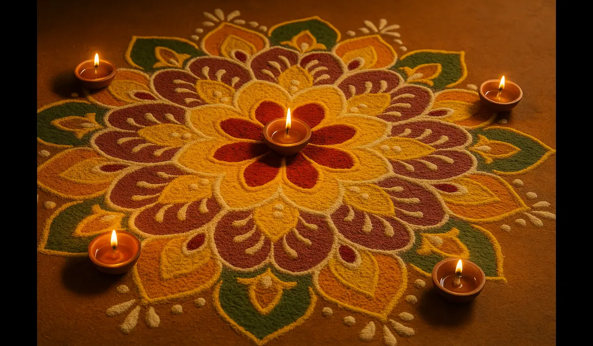 Yellow turmeric and marigold powder used in organic Rangoli colors for Diwali.
