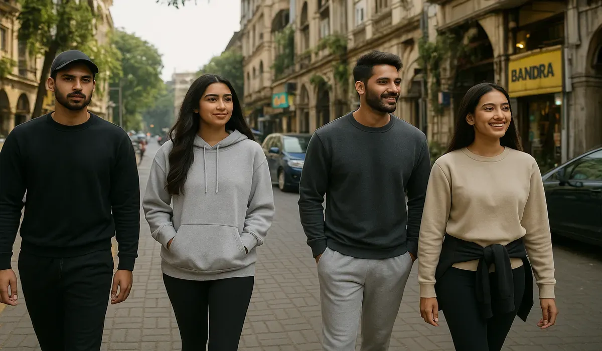 USA athleisure trends in India with stylish young professionals.