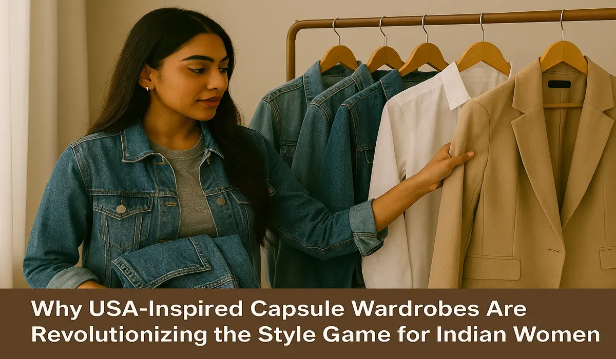 Indian woman organizing USA-inspired capsule wardrobe.