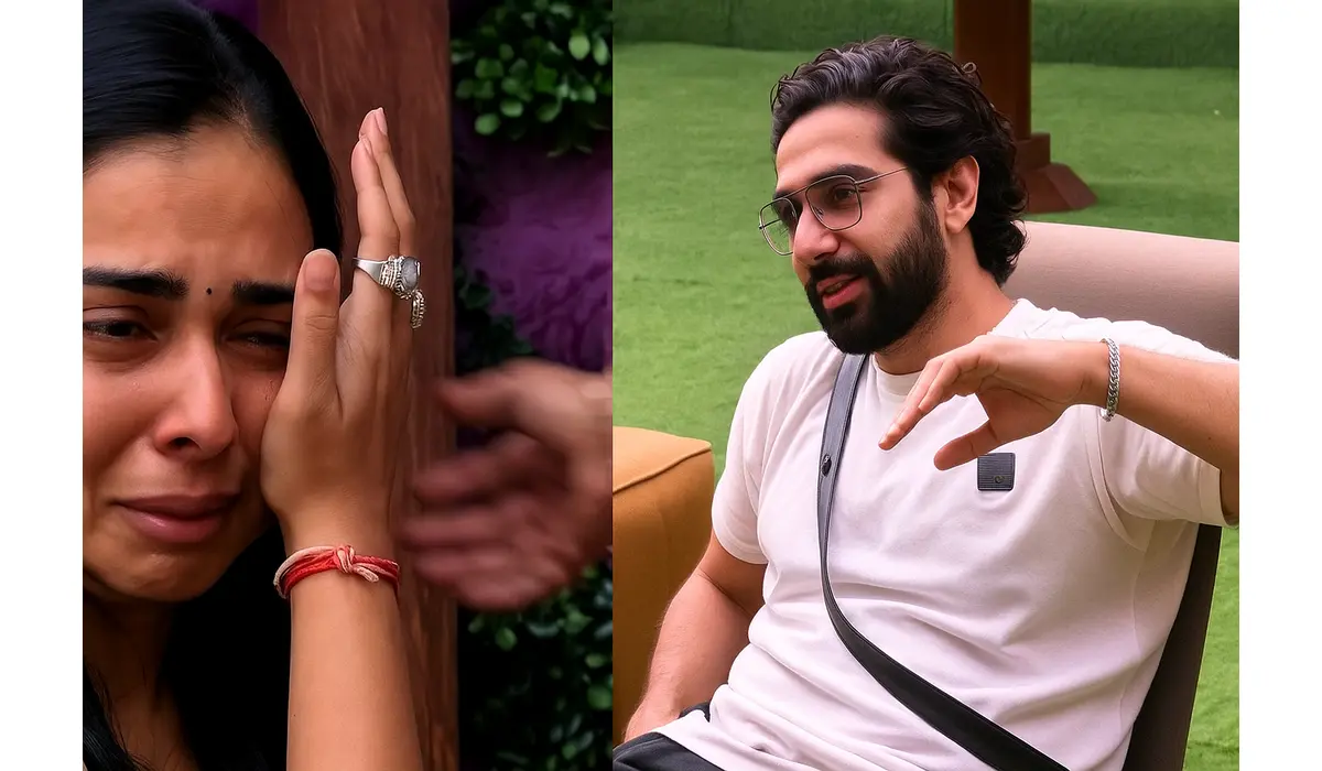 Tanya Mittal crying while Amaal Malik gestures during an emotional confrontation in Bigg Boss 19 house.