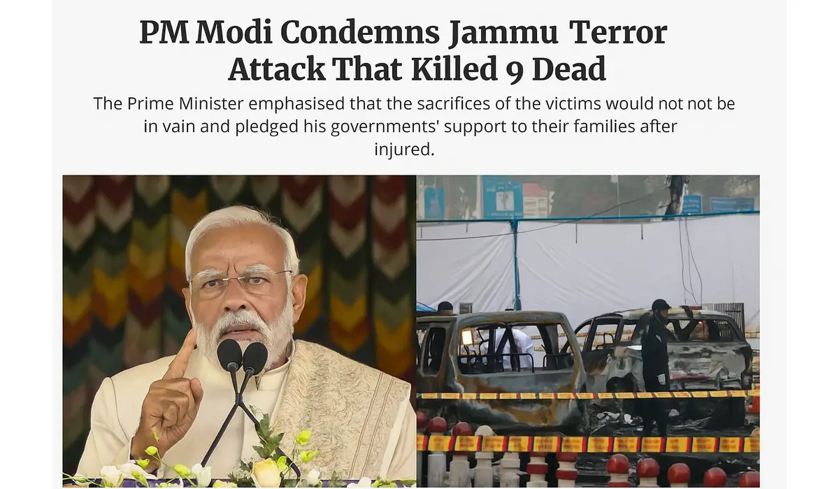 PM Narendra Modi speaking at an event as police investigate burnt vehicles after the Jammu terror attack.