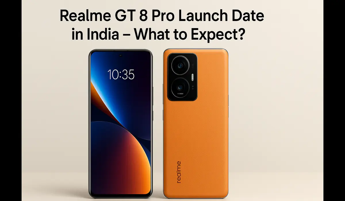 Realme GT 8 Pro smartphone showing front display and orange leather back design, highlighting India launch