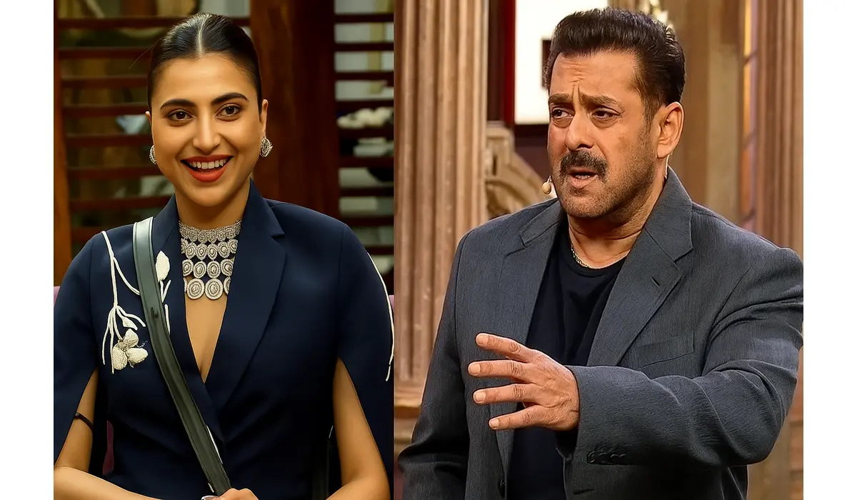 Split-screen image of Salman Khan addressing contestants and Elle smiling confidently during Bigg Boss 19 Weekend Ka Vaar.