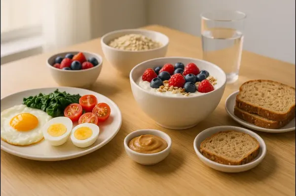 High-protein breakfast spread on table.