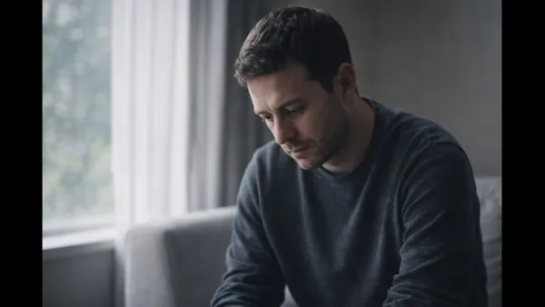 A person sitting alone by a window during the day, appearing withdrawn and low in energy, representing emotional and physical symptoms that can develop with depression.