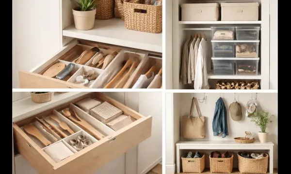 Organized home storage using drawer dividers, open baskets, and stackable bins in a real living space