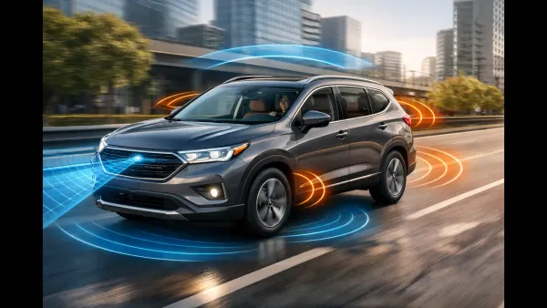 A modern SUV driving in an urban environment, representing how comfort, safety, and efficiency are designed to work together in today’s vehicles.