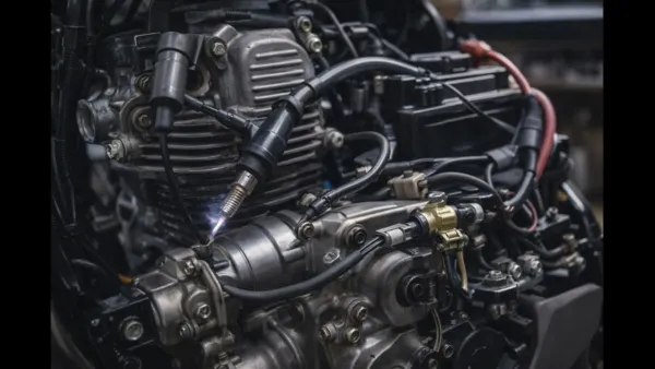 A motorcycle engine being cranked with ignition and fuel components visible, showing a condition where the engine turns but does not start due to a combustion-related fault.