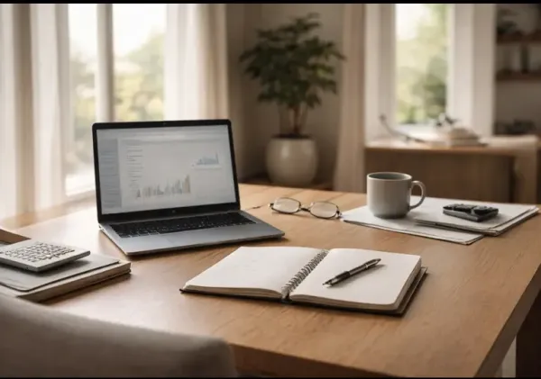 A calm home setting in the United States showing a thoughtful moment of financial planning, focused on evaluating money habits rather than spending or wealth.