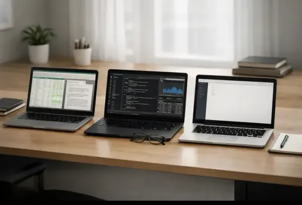 A desk setup showing three laptops.