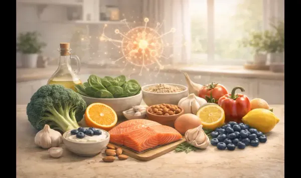 A realistic illustration of common whole foods arranged in a calm kitchen setting, representing how regular eating habits support the immune system