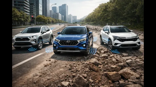 Three SUVs undergoing real-world driving conditions, representing how manufacturing and testing influence comfort, safety, and durability.