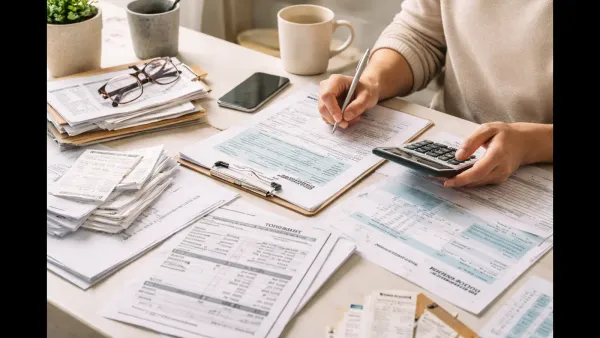A desk with salary slips, tax forms, calculator, and retirement statements used to understand tax-saving choices.