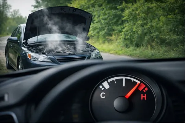  A car with its hood open and steam coming from the engine, showing an overheating engine caused by cooling system failure.