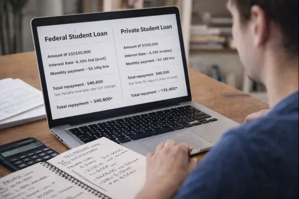 Student comparing federal and private student loan interest and total repayment costs on a laptop.