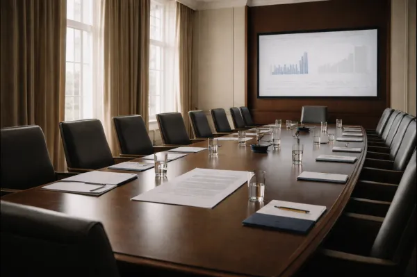 An empty Federal Reserve–style meeting room representing interest rate decisions and economic policy planning.