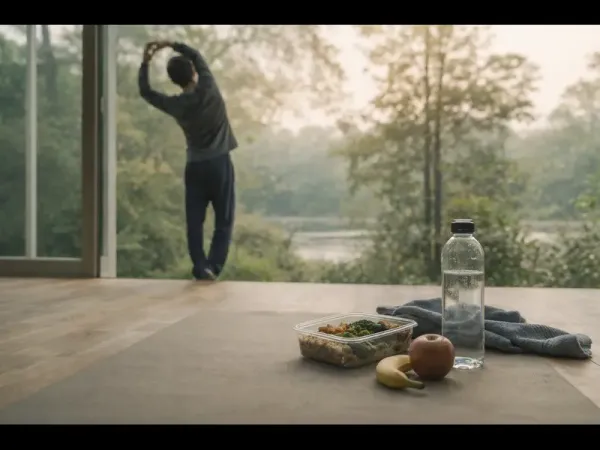 A calm scene showing a person maintaining a steady fitness routine with simple nutrition cues, focused on sustainable energy rather than intensity.
