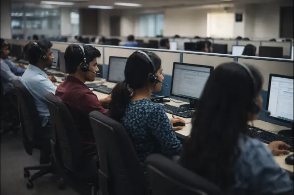 A modern Indian BPO office where employees work at computer stations wearing headsets, showing the structured nature of call center work.