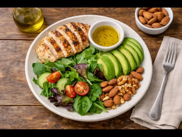 A keto-friendly lunch plate with grilled protein, avocado, leafy greens, and olive oil, showing how low-carb meals are structured to support weight loss.