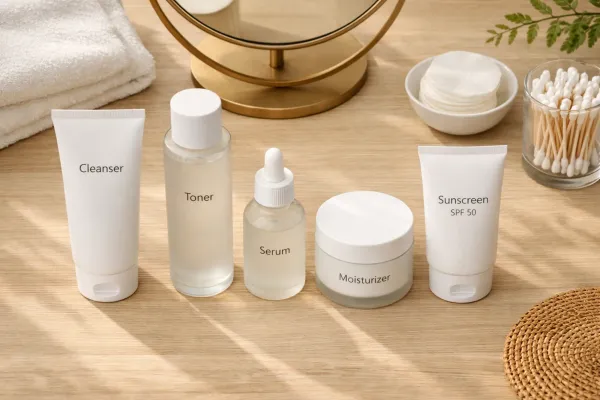 An overhead view of basic Korean skincare products such as cleanser, toner, serum, moisturizer, and sunscreen, representing a beginner-friendly Korean skincare routine.