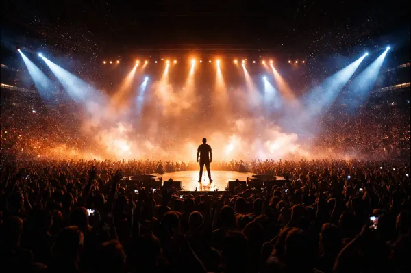A large-scale nighttime concert showing a performer on a brightly lit stage facing a massive international crowd, representing the enduring appeal of global music tours.