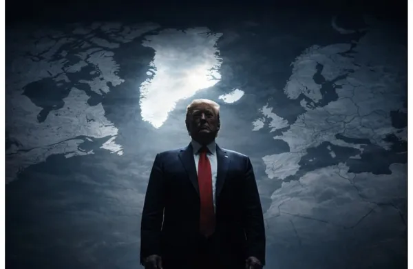 Donald Trump standing before an illuminated Arctic map with Greenland highlighted, symbolizing a decisive policy stance.