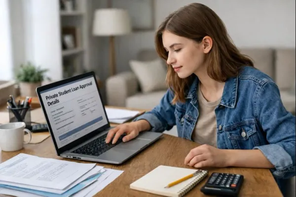 College student reviewing private student loan details and repayment information on a laptop.