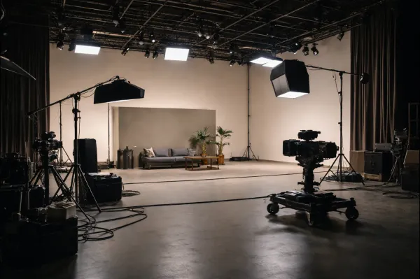 Empty film studio set with lighting and camera equipment, representing a reflective look at the Wonder Man series.