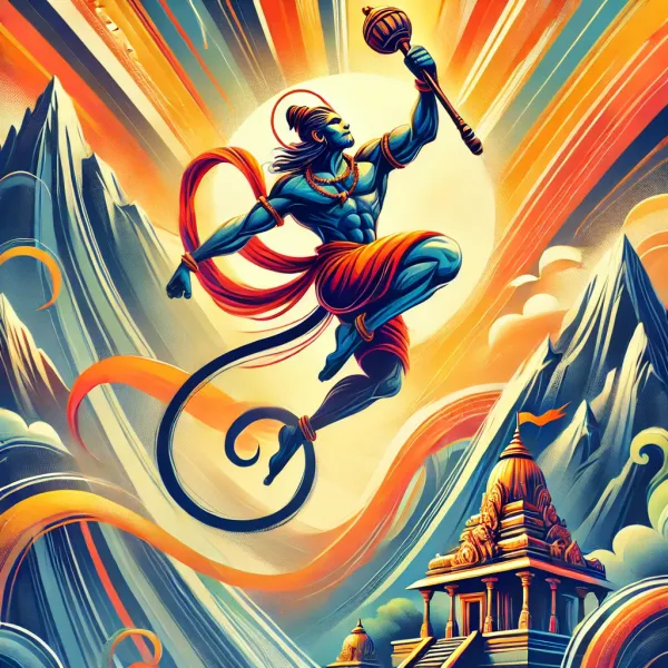 A vibrant illustration of Lord Hanuman in mid-leap, holding a mace and set against a backdrop of mountains and temples, symbo