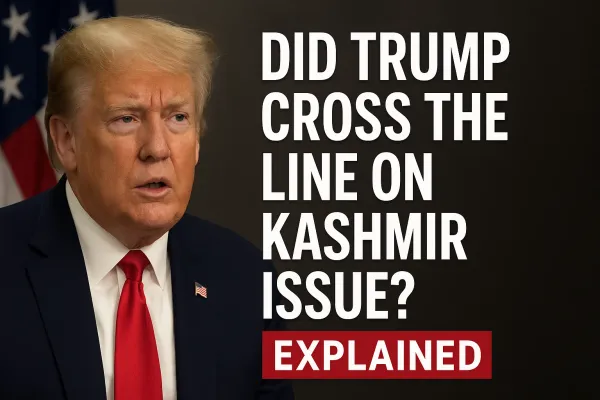 Donald Trump addressing media with headline questioning his stance on the Kashmir issue